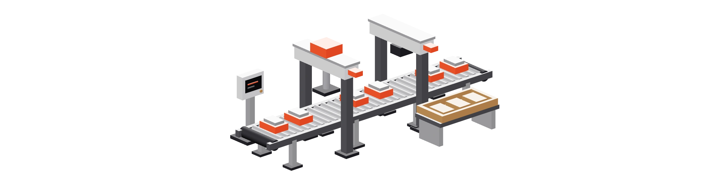 3D production-line model with roller conveyor, two process stations, an operator console and a separate amber material-hold tray