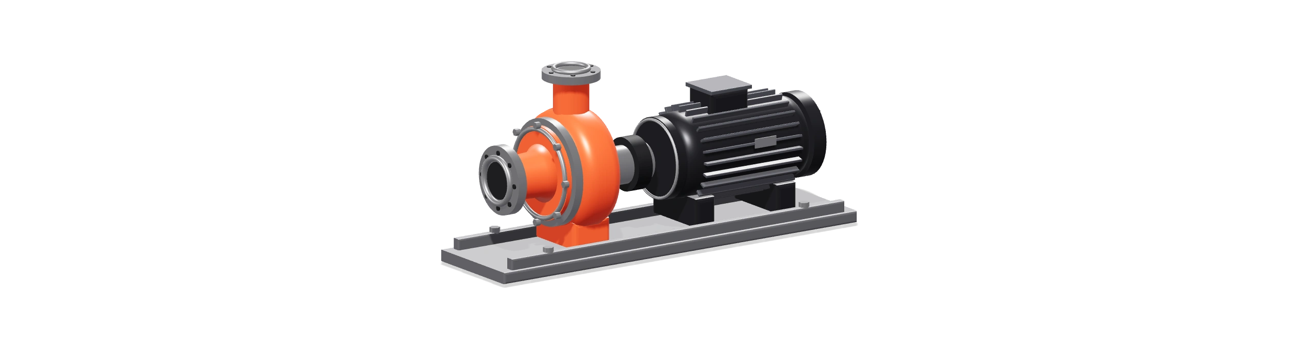 3D model of an industrial transfer pump with an orange curved housing, machined flanges and a graphite motor with lengthwise cooling fins